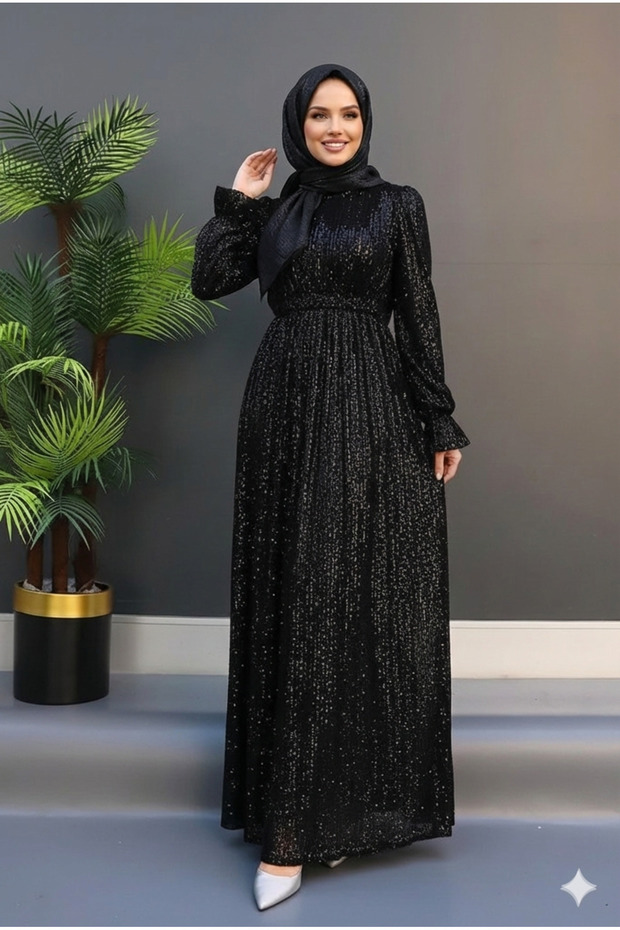 Rochie de seară hijab cu paiete și pliuri, rochie lungă - 1