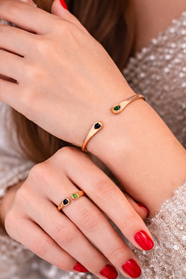 Handmade Pure Copper Bracelet and Ring Set | Green Peridot & Garnet Natural Gemstone