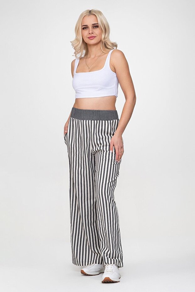 Bold and Young Buy Elastic Striped Yarn-Dyed Loose Palazzo Cotton Pants Gray Ecru