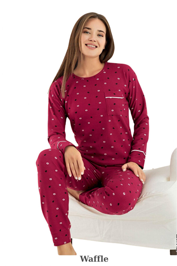 Waffle Fabric Patterned Long Sleeve Pocket Knitted Women's Pajama Set