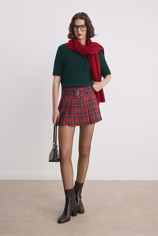 Kemerli Pileli Şort Etek - 8