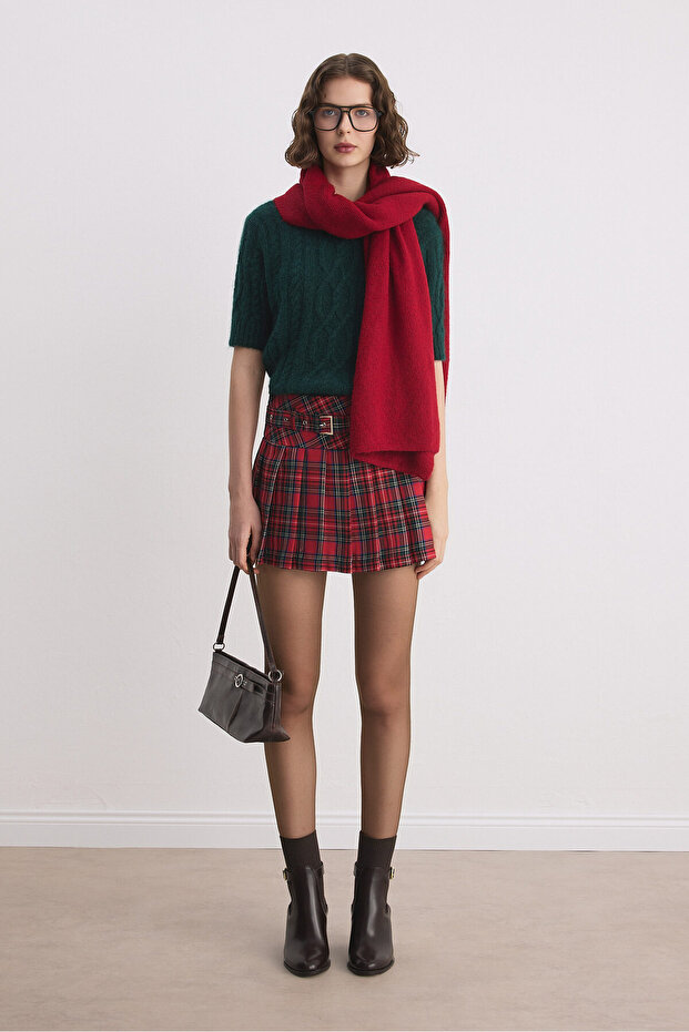 Kemerli Pileli Şort Etek - 1