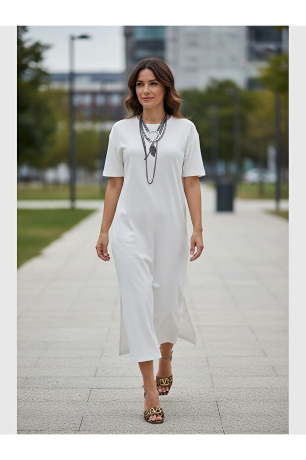 Women's Crew Neck Short Sleeve 2 Side Slit Flowy Modal Blend Fabric Midi Dress