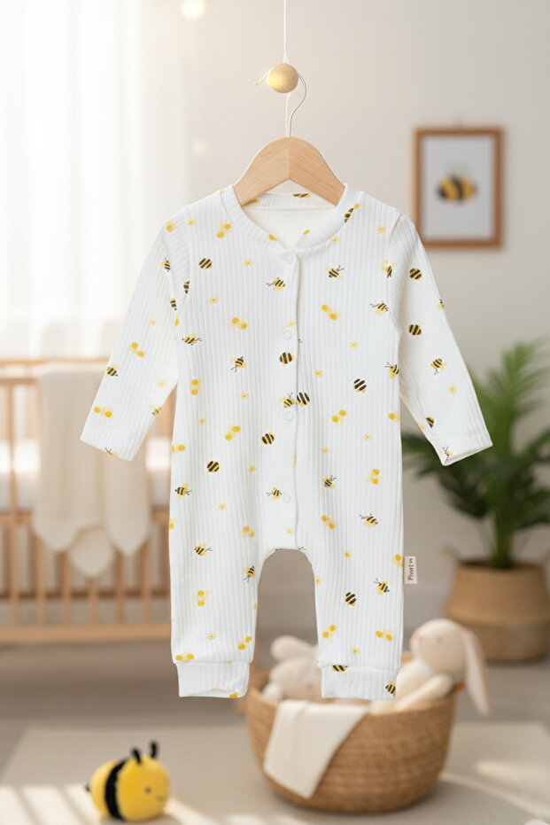 Unisex Honey Bee Patterned Ribbed Baby Romper/Body Suit - Newborn and 0-9 Months Compatible
