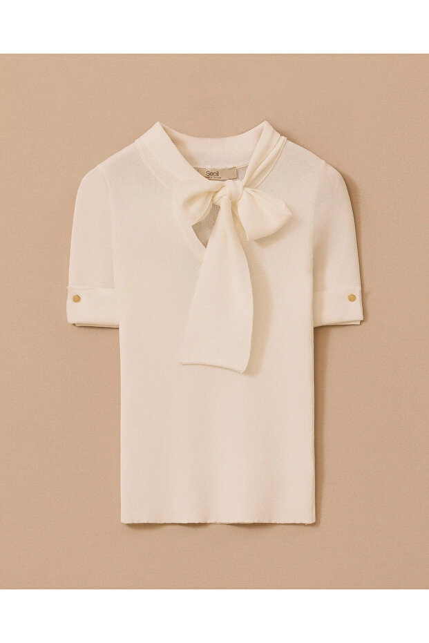 Fular Yakalı Bel Boy Triko Bluz - 1