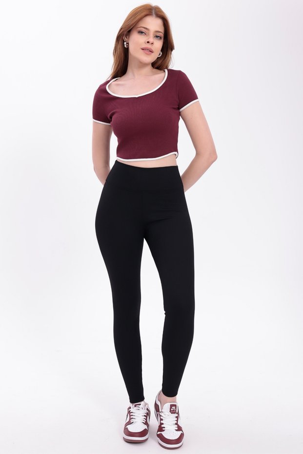 Women's Black High Waist Corded Fabric Inner Non-Show t Shaping / Sculpting Sports Leggings