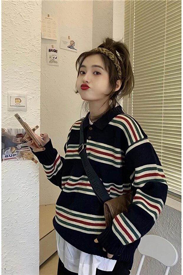 Striped Colorful Trendy Button Detailed Polo Collar Women's Sweater