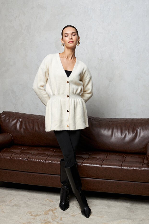 Women's Ecru Gold Snap Detailed Soft Knit Cardigan