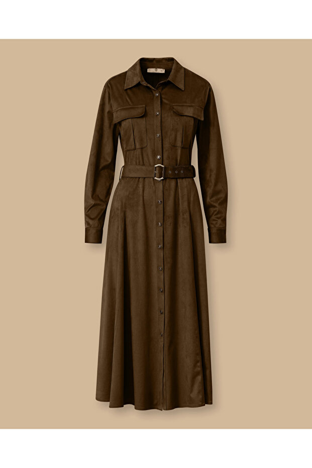 Kemerli Süet Elbise - 6