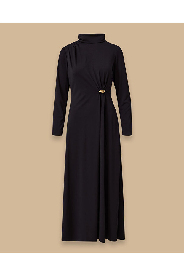 Dik Yaka Metal Aksesuarlı Drapeli Elbise - 6