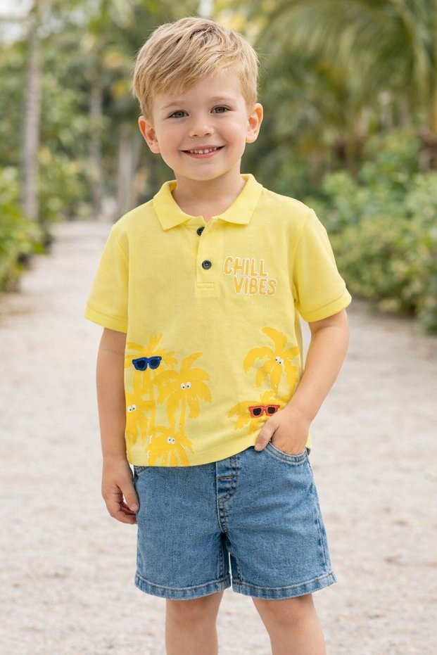 Tarz Lakos Palm Patterned Adjustable Waist Short Sleeve Shorts 2-Piece Set Children's and Baby Clothing Essence