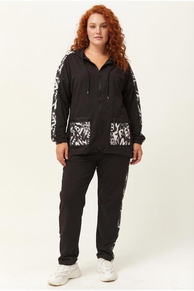 Women's Large Size Black Tracksuit Set with Pocket Detail and Zipper