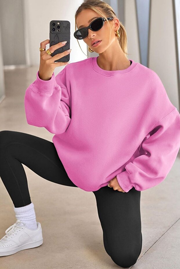 Kadın Bisiklet Yaka Basic Oversize Sweatshirt ŞEKER PEMBE - 1