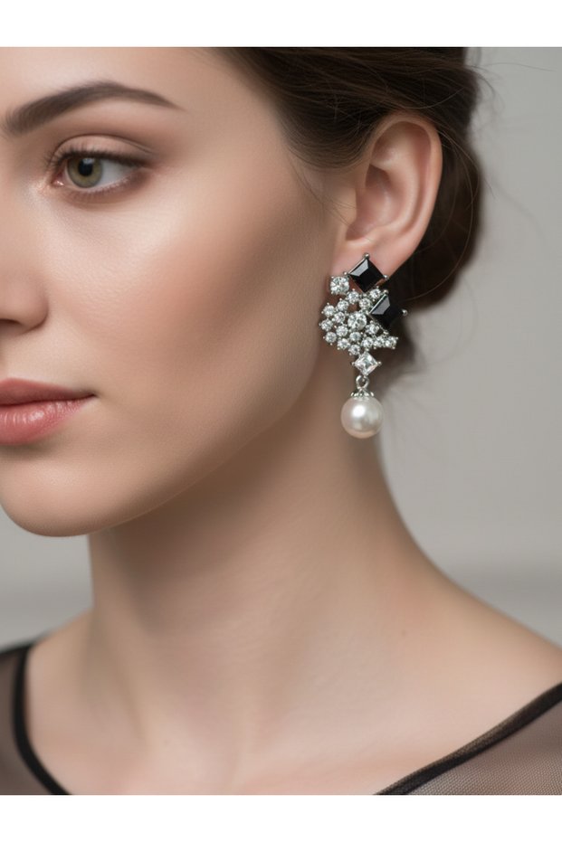 Black Stone, Pearl Dangle Evening Dress Zircon Earrings
