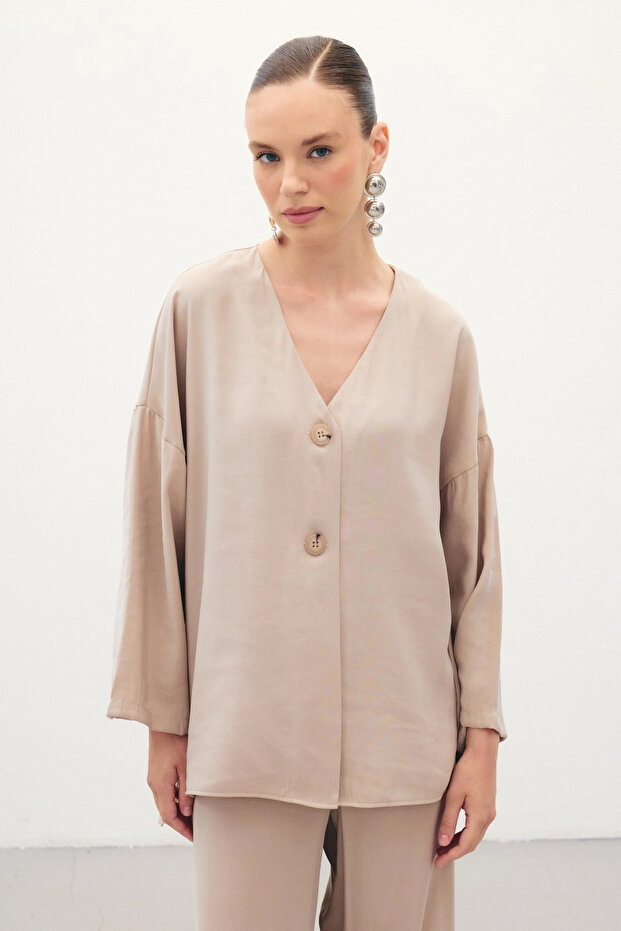 Düğmeli Kimono - Taş - 5