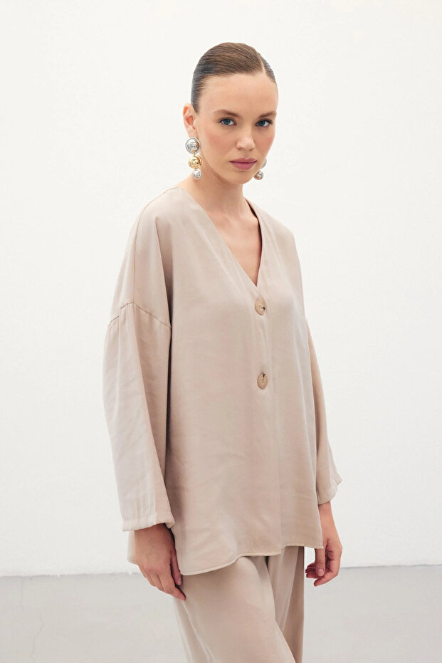 Düğmeli Kimono - Taş - 2