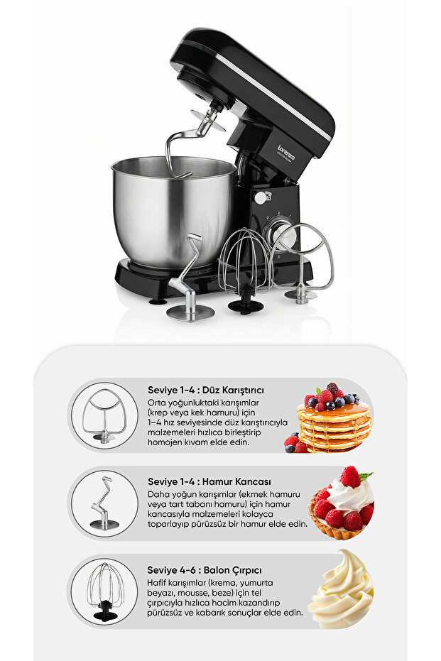 MasterPlus Hamur Yoğurma Mutfak Şefi Stand Mixer 6 lt 1500 W Çiğköfte,Krema Siyah - 7