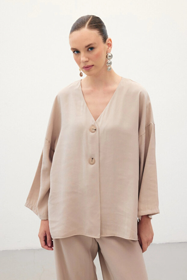 Düğmeli Kimono - Taş - 6
