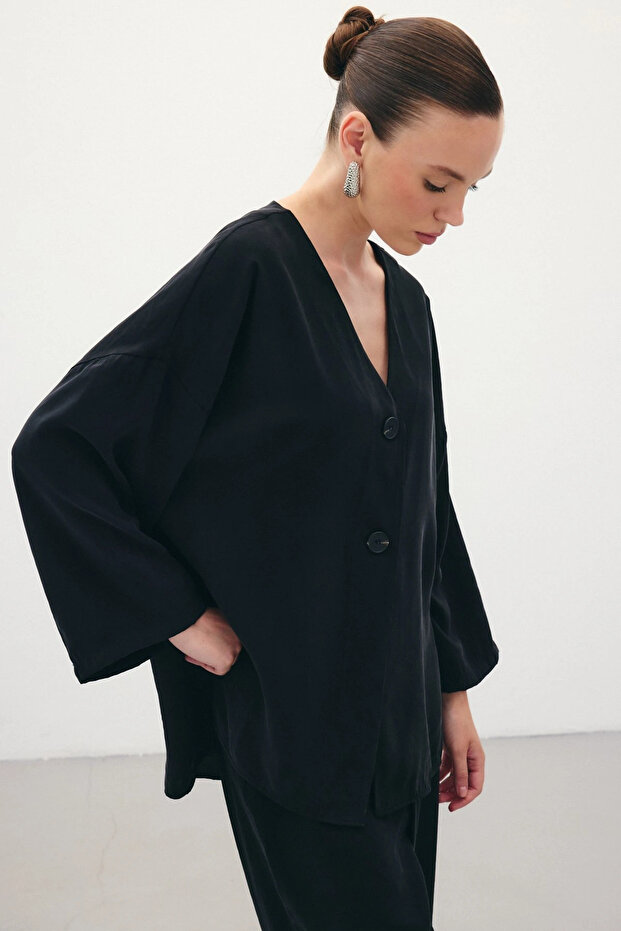 Düğmeli Kimono - Siyah - 3
