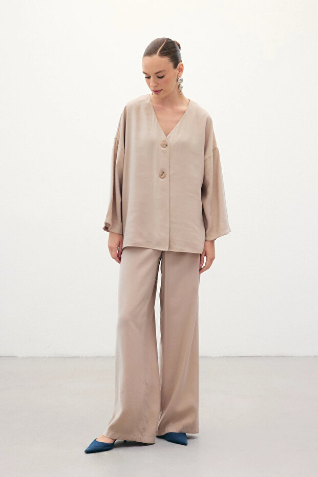 Düğmeli Kimono - Taş - 4