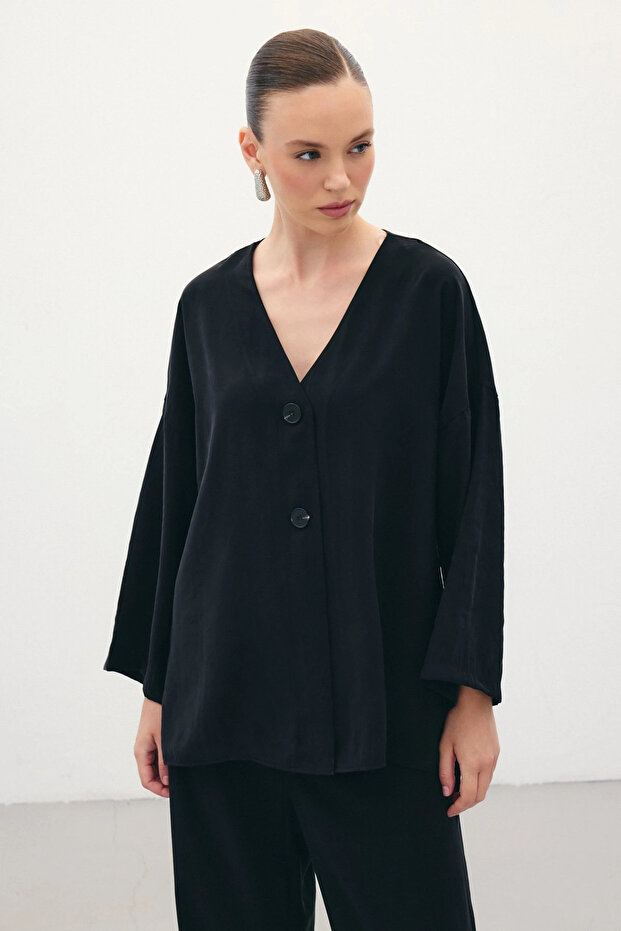 Düğmeli Kimono - Siyah - 5