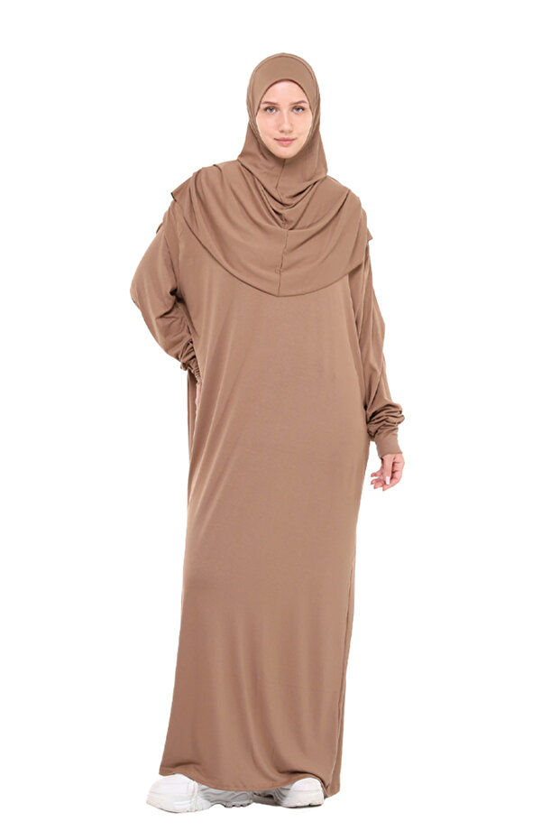 Practical One-Piece Cotton Bat Sleeve Attachable Organic Prayer Dress with Headscarf Milk Coffee