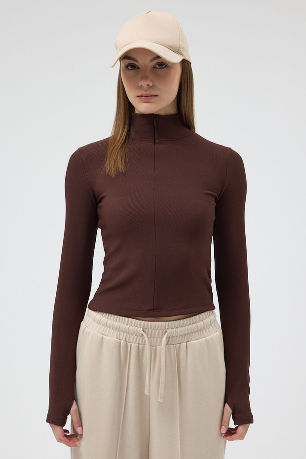 Bitter Brown Zippered Mock Neck Long Sleeve Corded Fabric Blouse 2447