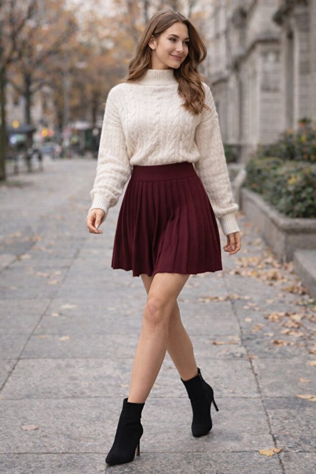 kadın pileli mini triko etek - 1