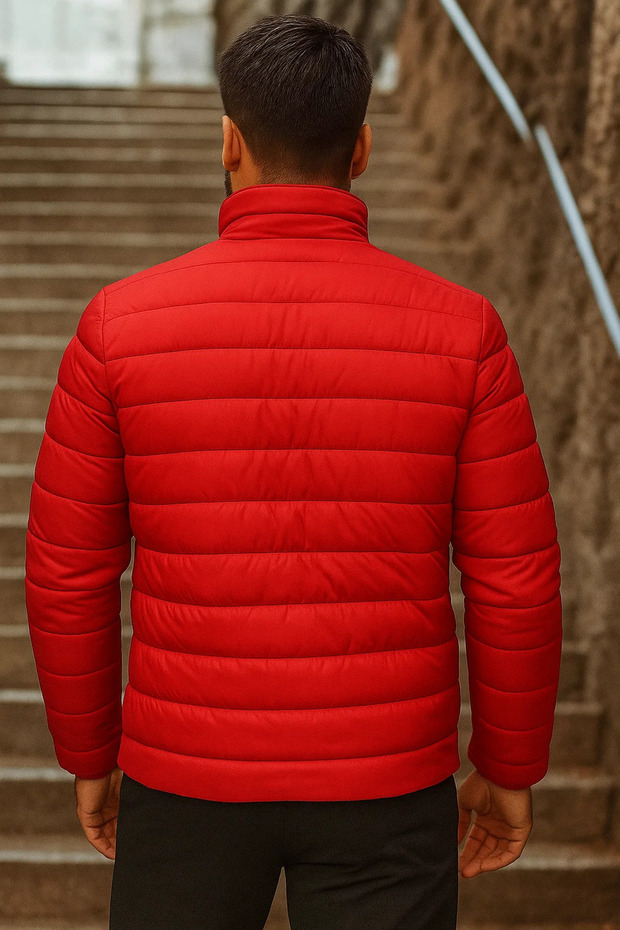 معطف شتوي رجالي أساسي ياقة مرتفعة متوسطة الطول بسحاب باللون الأحمر - 6