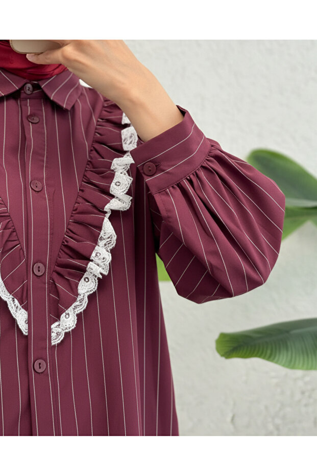 Button-Front, Lace-Front, Ruffled Striped Shirt - Burgundy
