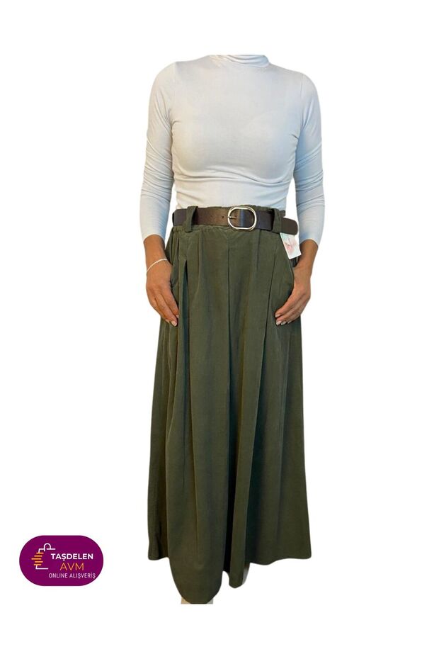 Italian Pleated Long Velvet Skirt with Belt Detail Italian Design