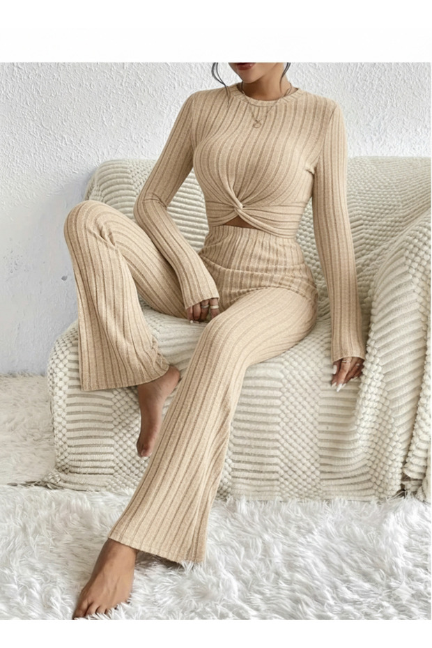 Beige Crew Neck Long Sleeve Twist Front Lycra Blouse Spanish Flare Pants Set, Lycra Beige Set