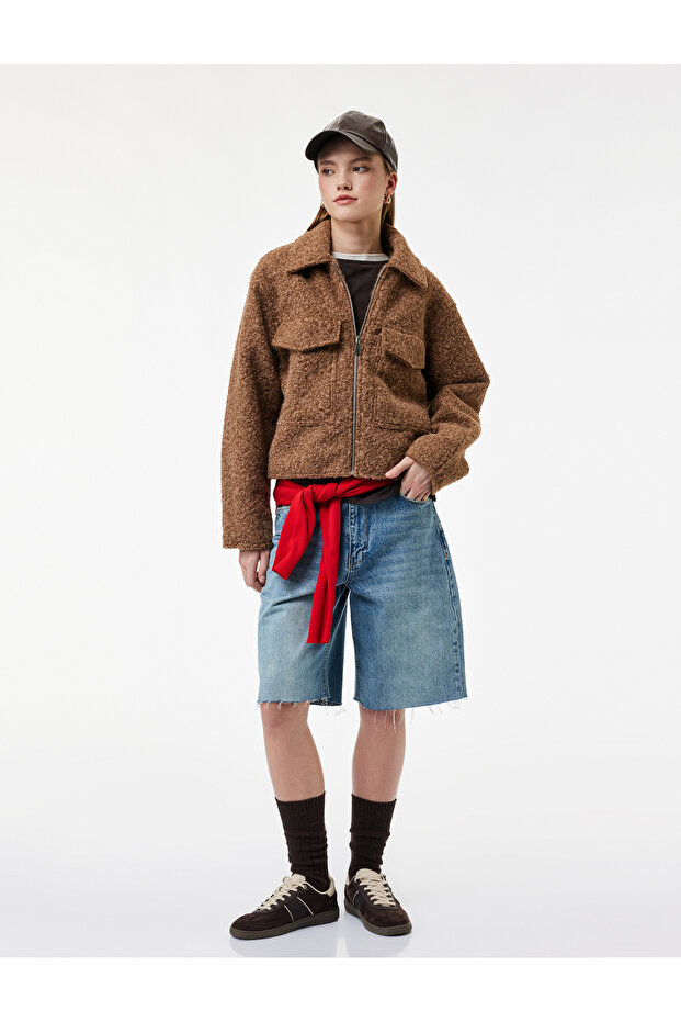 Long Sleeve Short Plush Coat with Zipper Pockets