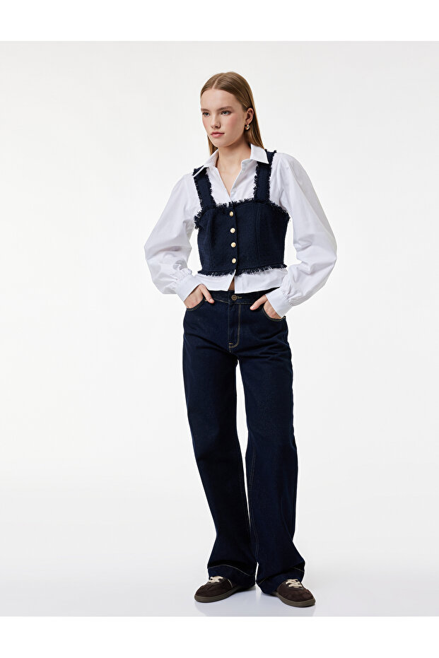 Cotton Long Sleeve Classic Collar Layered Button Detail Slim Fit Crop Blouse