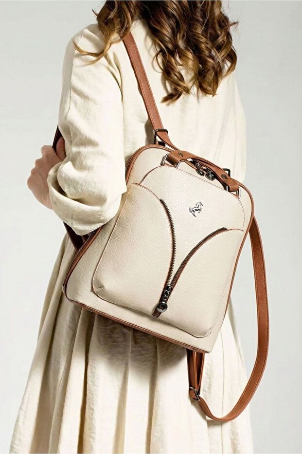 MıAMİ POLO 1206 ARDIÇ LEATHER حقيبة ظهر نسائية حقيبة كتف كريمية