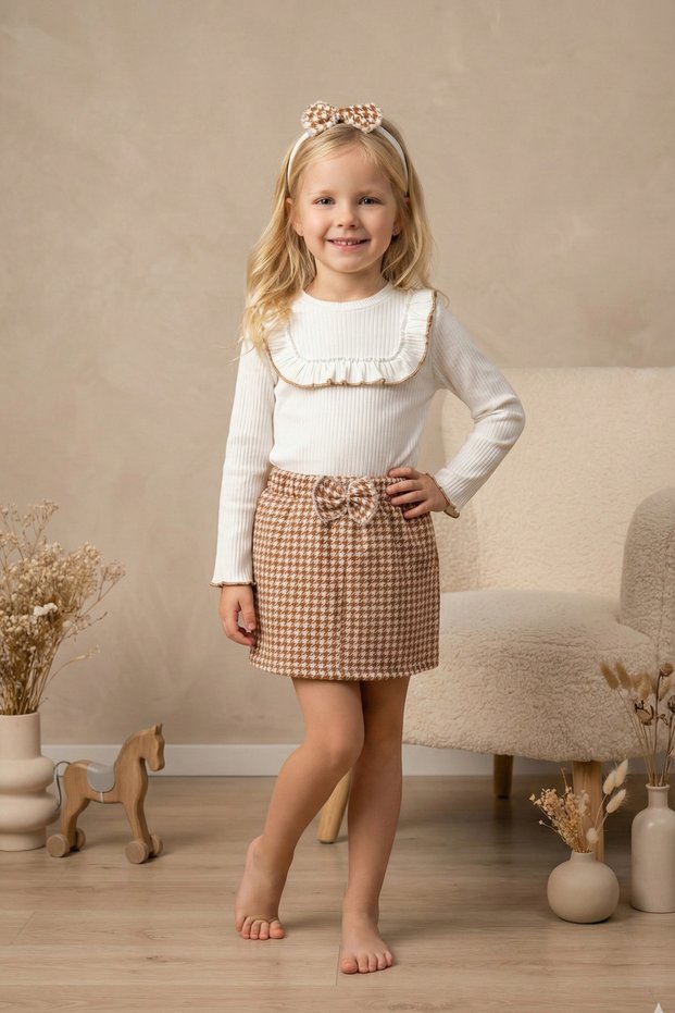 Children's Girls' Dress Bowknot Houndstooth Skirt Badi Set 1-4 Years Old
