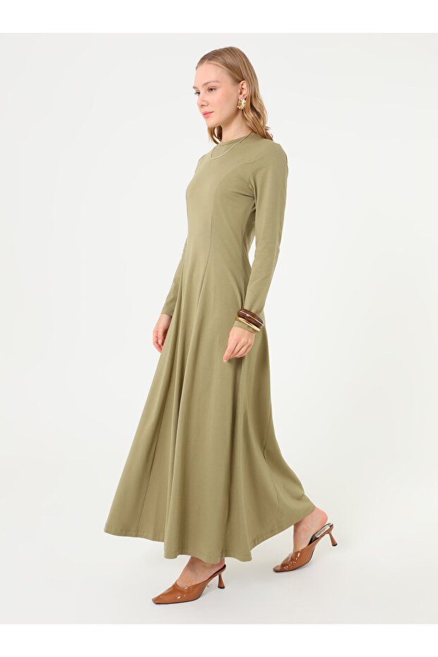 Bel Detaylı A Form Basic Tesettür Elbise - Açık Haki - - 2