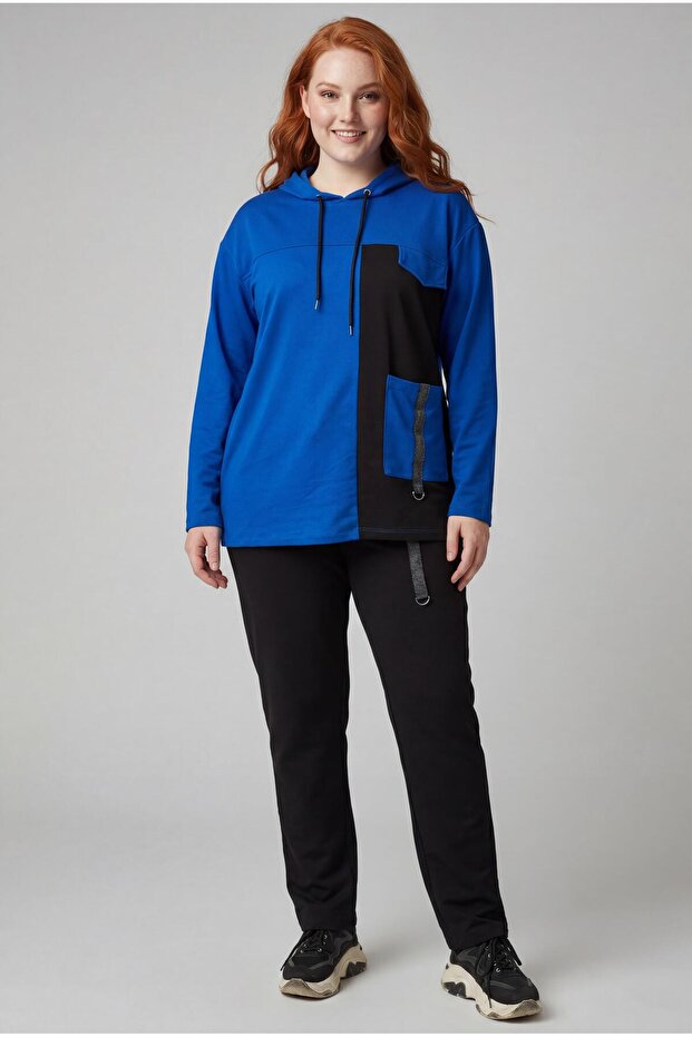 Women's Large Size Pocket Detailed Cobalt Blue Black Tracksuit Set