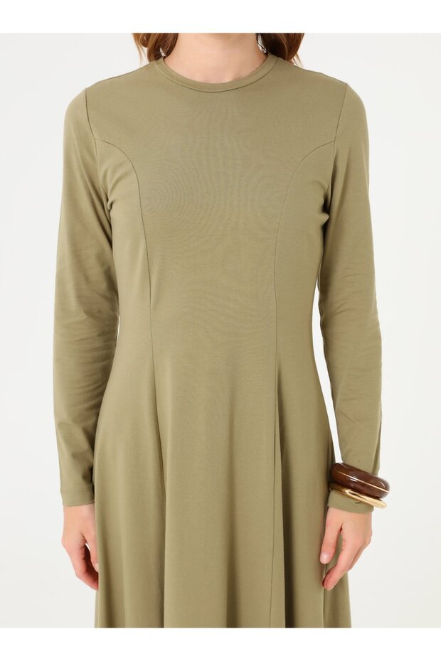 Bel Detaylı A Form Basic Tesettür Elbise - Açık Haki - - 4