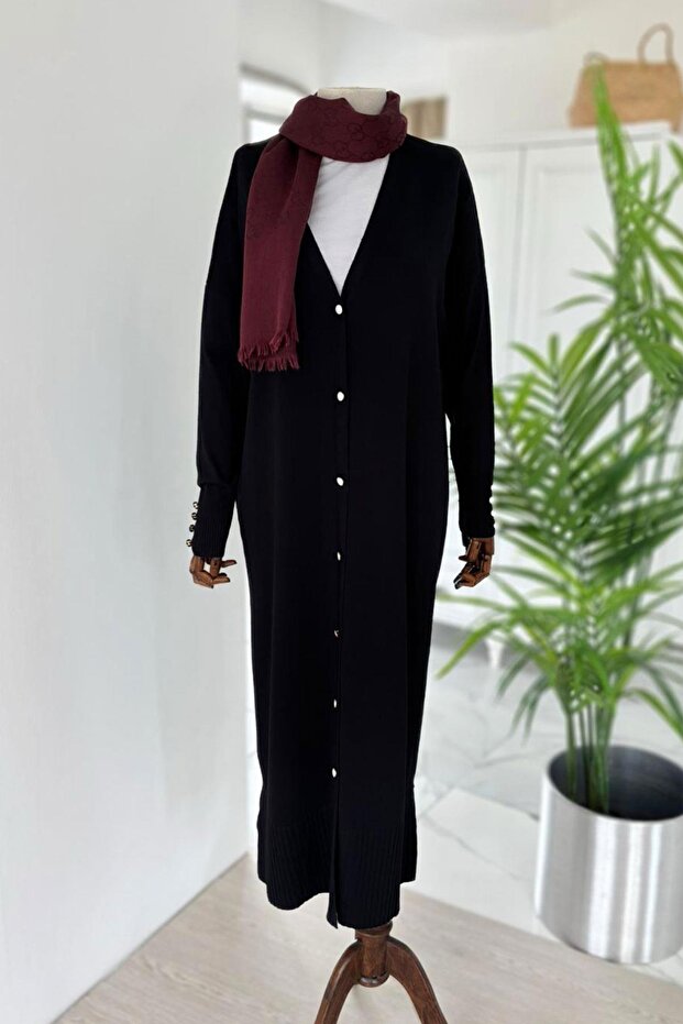 Maxi Buttoned Mercerized Hijab Cardigan - Black