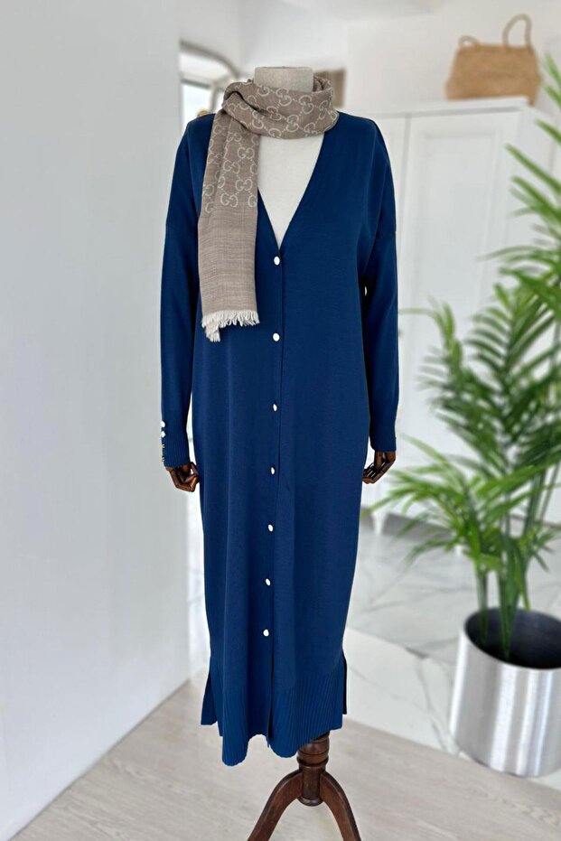 Maxi Buttoned Mercerized Hijab Cardigan - Petrol