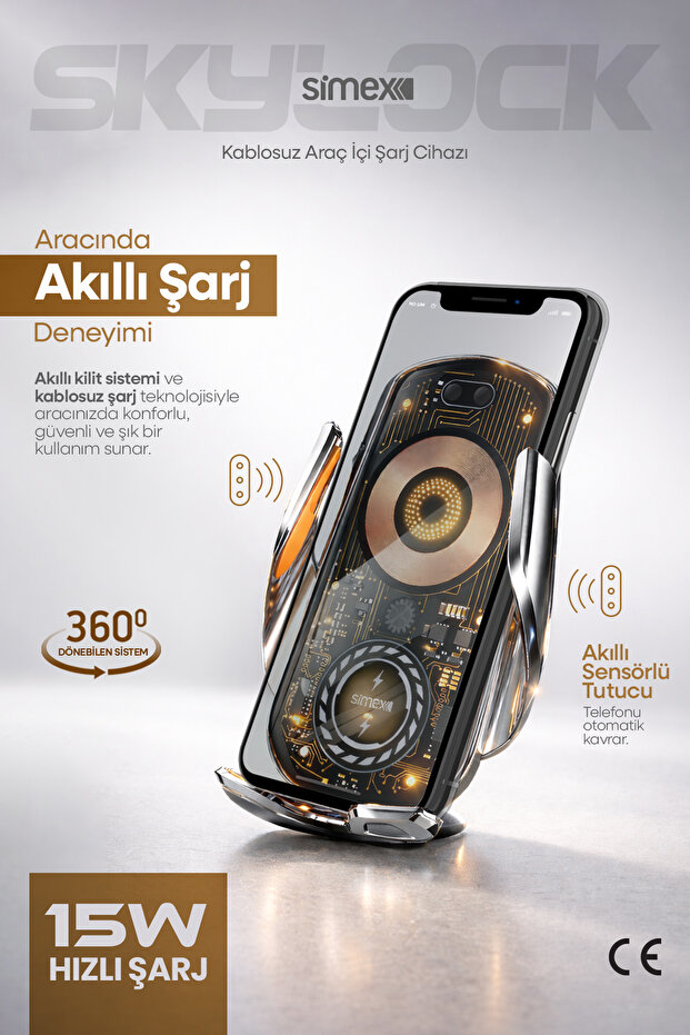 Simex Kablosuz 15W Şarjlı Indüksiyonlu 360 Döner Manyetik Sensörlü Araç Telefon Tutucu ST-212
