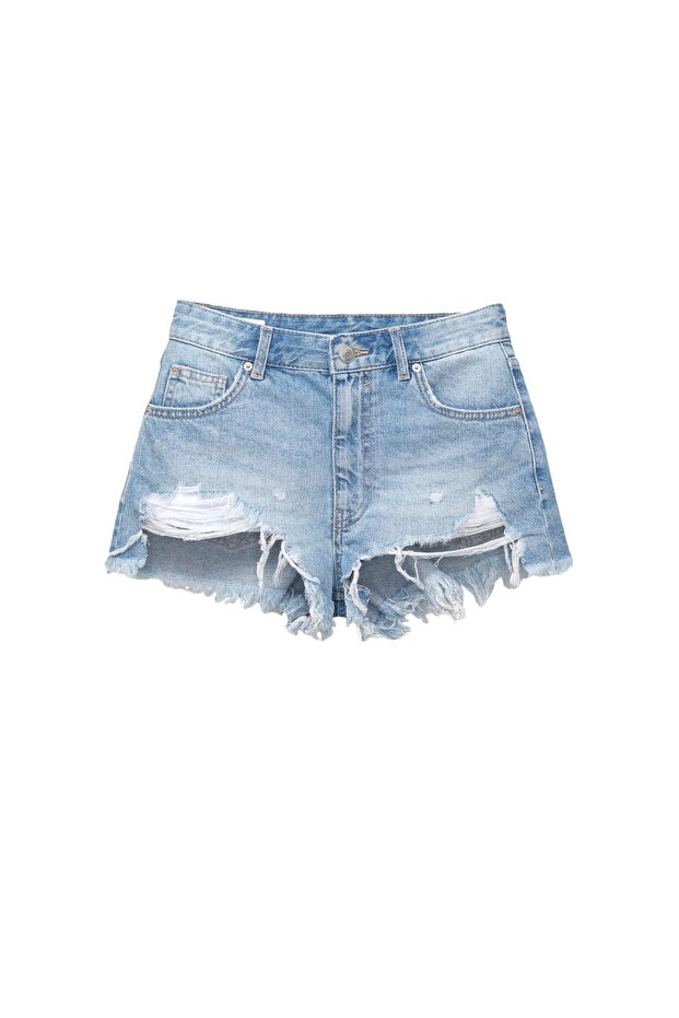 Yırtık detaylı denim şort - 3