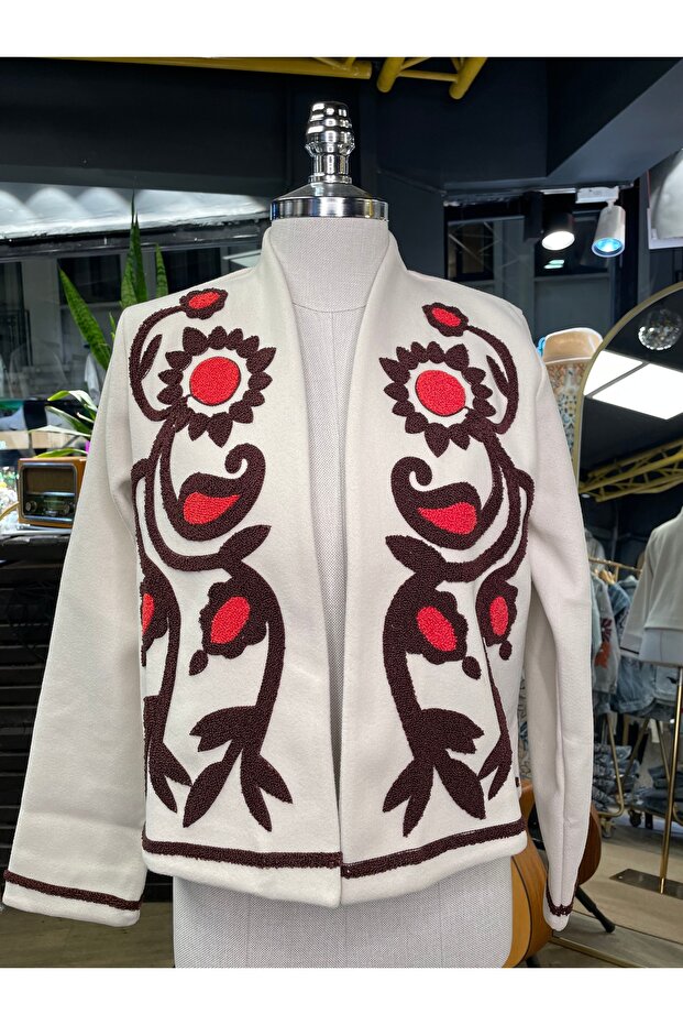 Women's Embroidery Detailed Floral Patterned Cotton Long Sleeve Cashmere Jacket