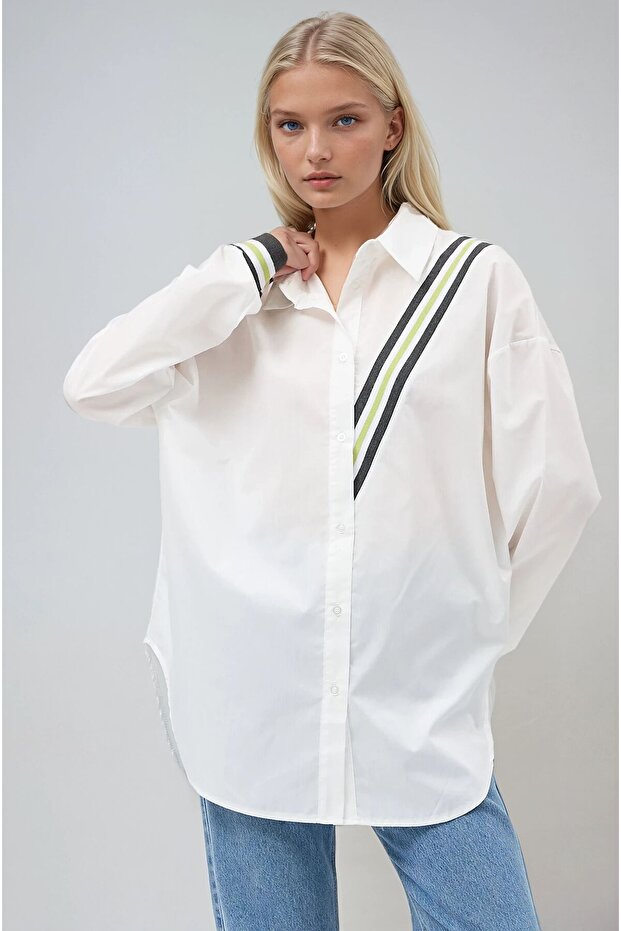 Ecru Tape Detailed Oversized Poplin Shirt 3436