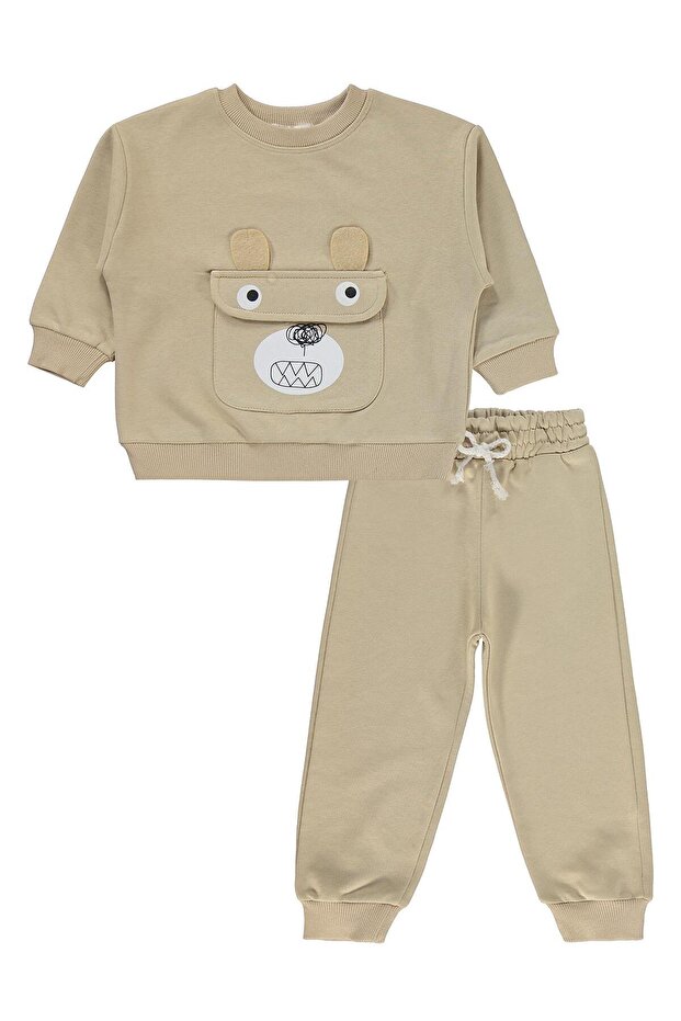 Pocket Bear Embroidered 2-5 Years Old Tracksuit Set - Beige 5-6 Years Old