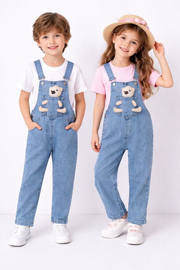 UNISEX Teddy Bear Print Children's Denim Overalls Adjustable Strap Salopette Jumpsuit Denim