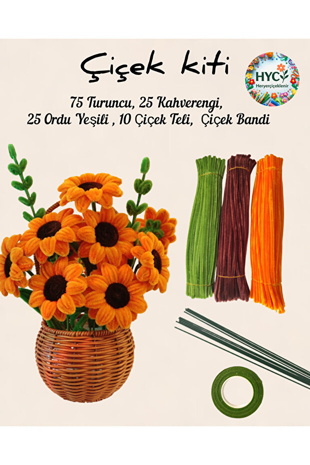 3-Piece Sunflower Making Kit – 125 Chenille (Orange, Dark Brown, Light Green) Flower Wires