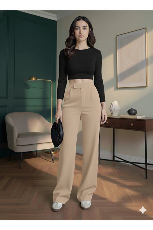 Beige High-Waist Palazzo Pants with Hook-and-Loop Detail, Front Pleated, Wide-Leg