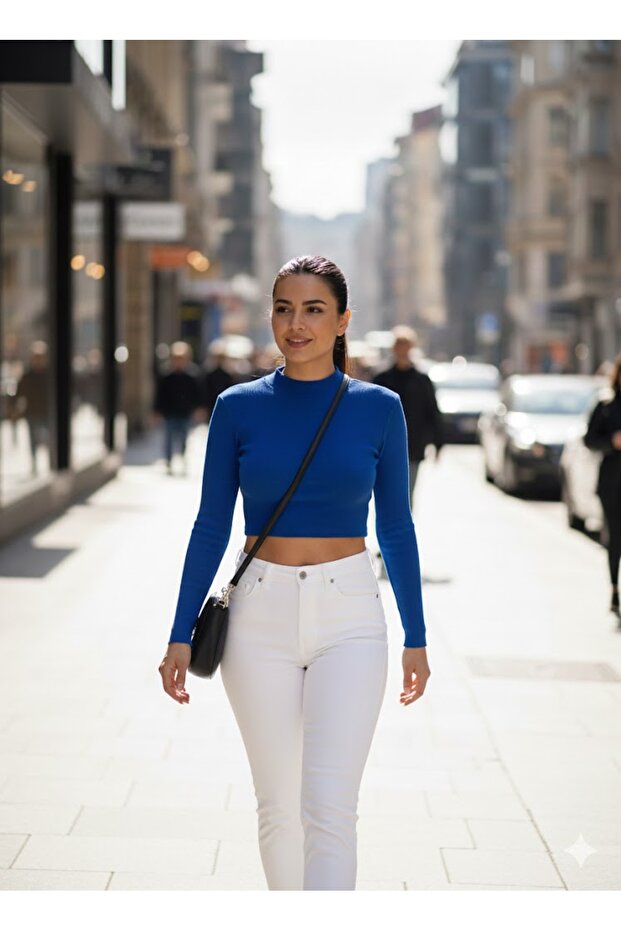 Blue Ribbed Half Turtleneck Camisole Crop Body Darkening Long Sleeve Knitted Blouse